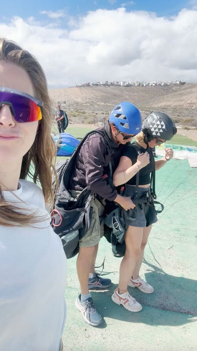 Girl is ready to fly while they hitchhike by boat to Cape Verde